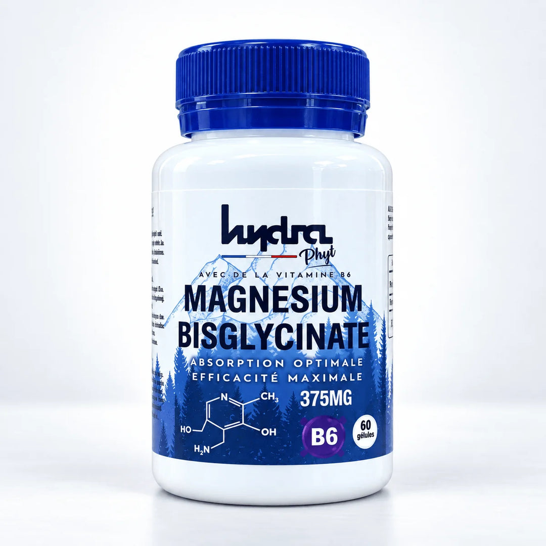 Magnésium Bisglycinate 375 mg et vitamine B6 Hydra Phyt – flacon 60 gélules sur fond studio gris clair