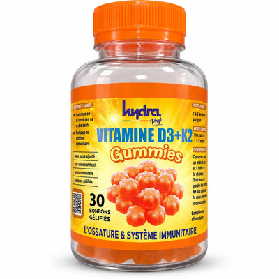 Vitamine D3 + K2 Gummies Hydra Phyt – flacon de 30 bonbons gélifiés sur fond studio clair