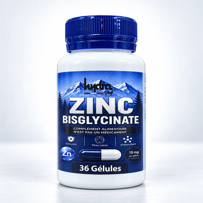 Zinc Bisglycinate 15 mg Hydra Phyt – flacon de 36 gélules sur fond studio gris clair