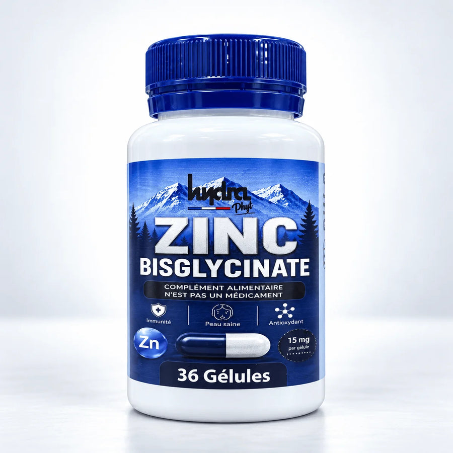 Zinc Bisglycinate 15 mg Hydra Phyt – flacon de 36 gélules sur fond studio gris clair