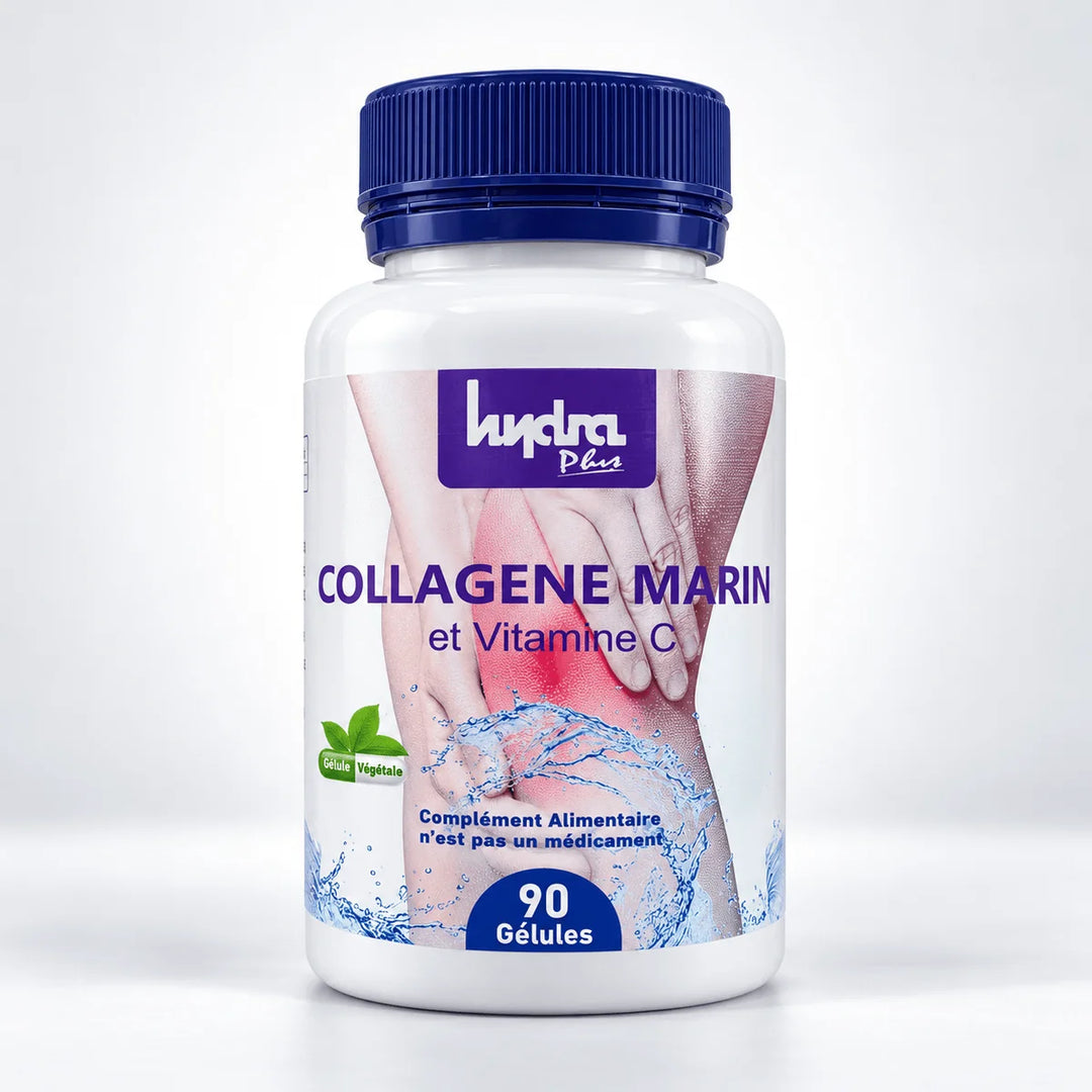 Collagène Marin et Vitamine C Hydra Plus – flacon 90 gélules, fond studio gris clair
