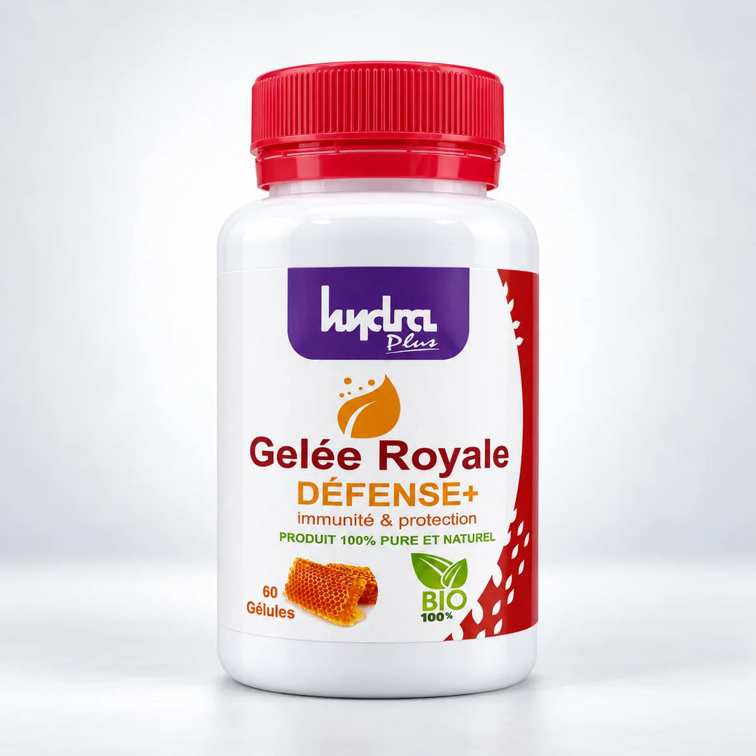 Gelée Royale Défense+ Hydra Plus – flacon de 60 gélules sur fond studio gris clair