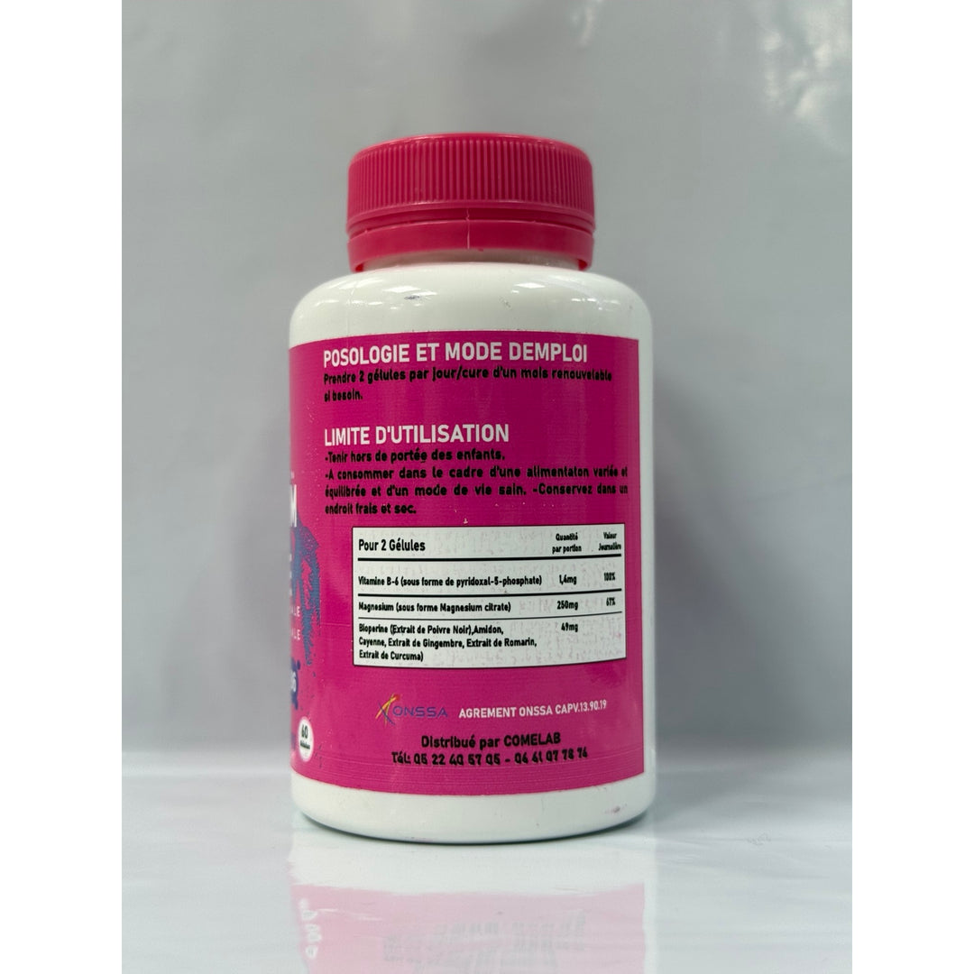 Magnésium Citrate 250 mg + Vitamine B6 Hydra Plus – flacon 60 gélules, étiquette arrière avec composition et posologie