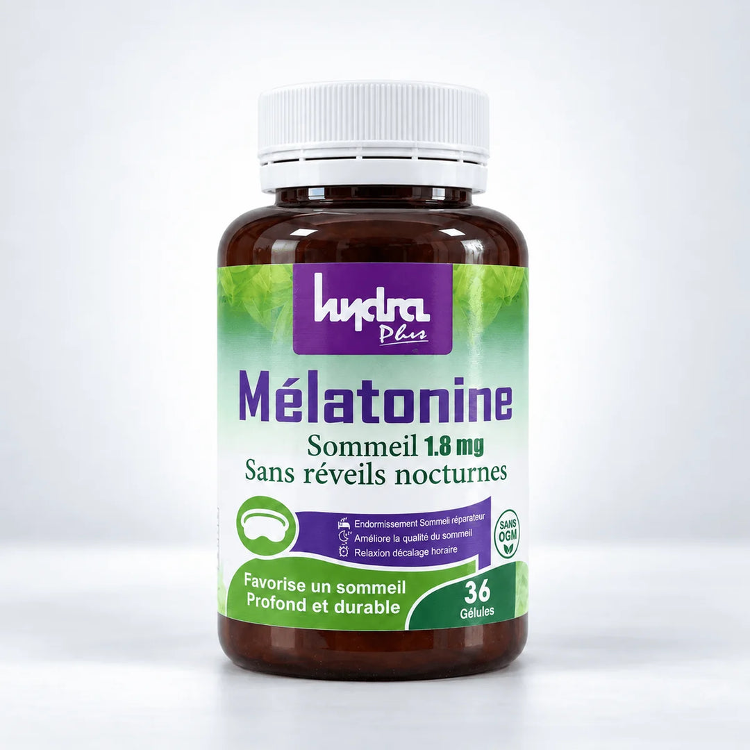 Mélatonine 1,8 mg Hydra Plus – flacon 36 gélules sur fond studio gris clair