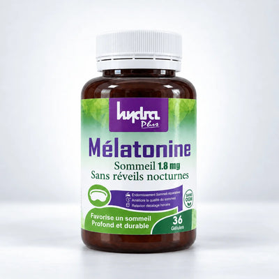 Mélatonine 1,95 mg Hydra Plus – flacon de 36 gélules sur fond studio gris clair