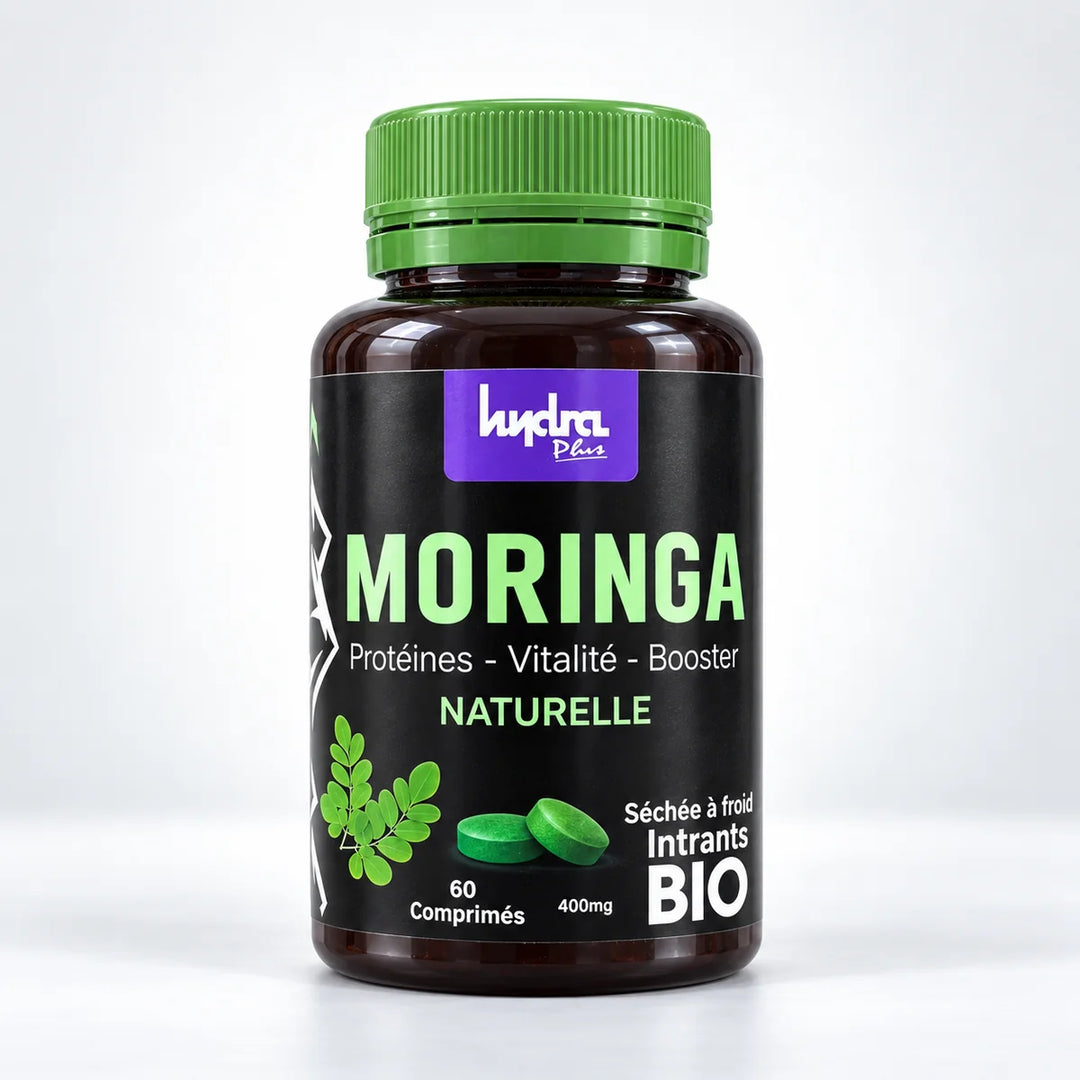 Moringa Hydra Plus 400 mg – flacon de 60 comprimés sur fond studio gris clair