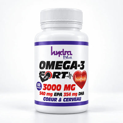 Oméga-3 Fort Hydra Plus 3000 mg – flacon 60 capsules, photo du produit sur fond blanc