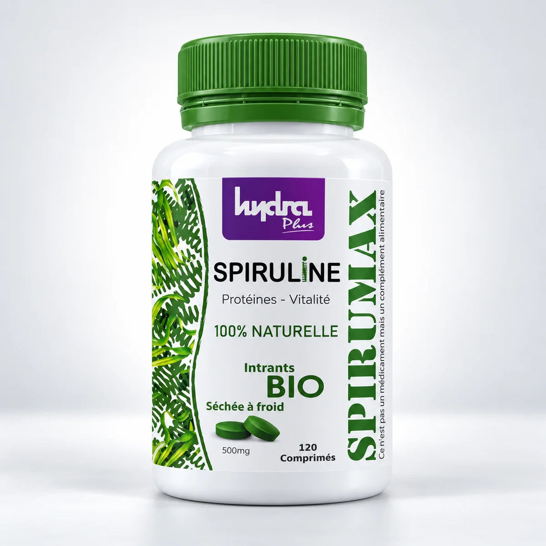 Spiruline Hydra Plus 500 mg – flacon 120 comprimés, photo studio sur fond gris clair