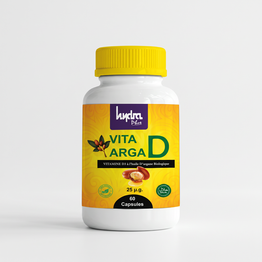 Vitamine D3 Hydra Plus – flacon 60 capsules sur fond clair, image produit 1:1