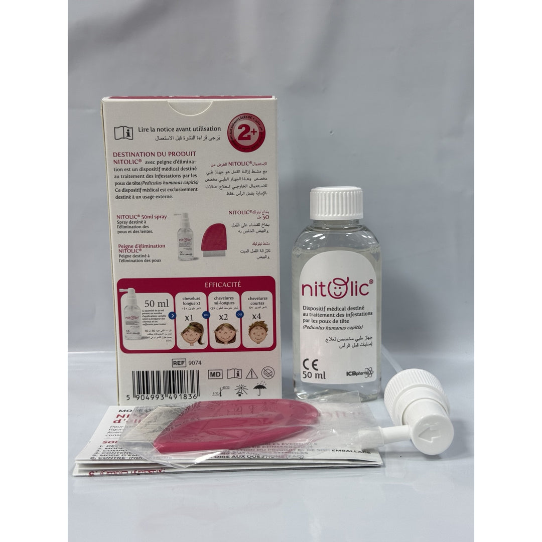 Nitolic Anti-Poux 50 ml avec peigne d’élimination – photo réelle du dos de la boîte, mode d’emploi et accessoires