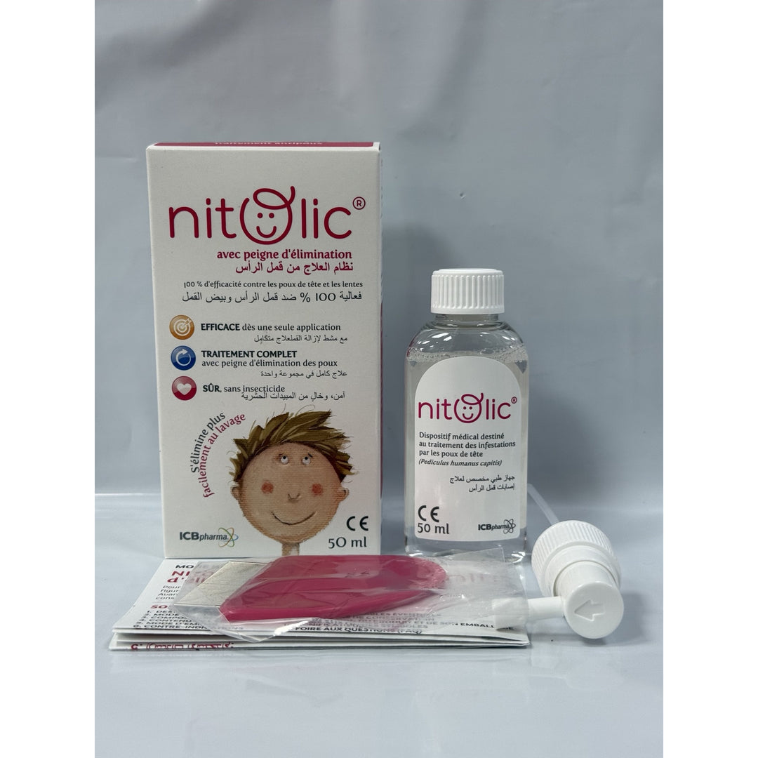 Nitolic Anti-Poux 50 ml avec peigne d’élimination – photo réelle de la boîte, du flacon et des accessoires, vue de face