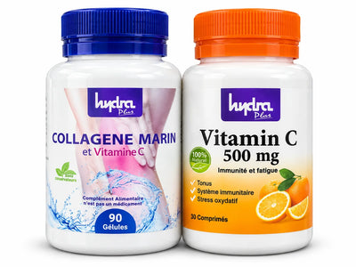 Pack Collagène Marin + Vitamine C Hydra Plus – Collagène Marin 90 gélules + Vitamine C 500 mg sur fond studio clair