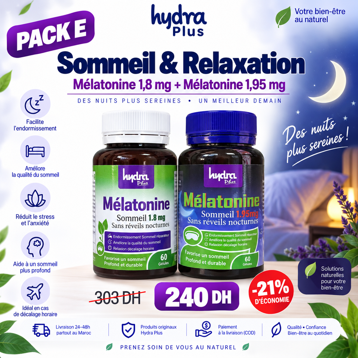 Pack E Hydra Plus Duo Mélatonine 1,8 mg et 1,95 mg