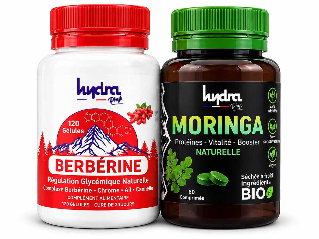 Pack Équilibre Hydra Plus – Berbérine 120 gélules + Moringa 60 comprimés sur fond studio clair