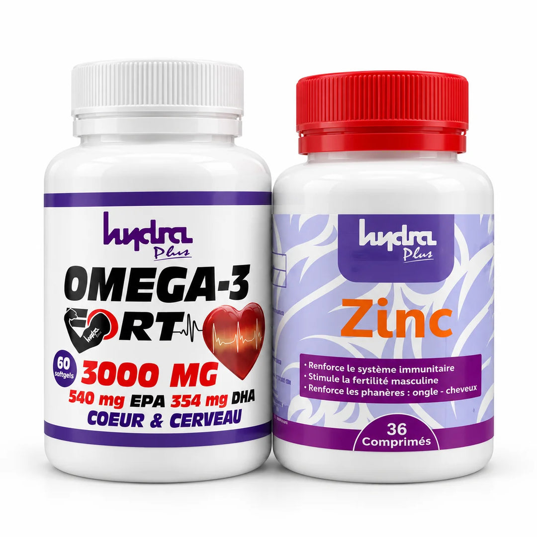 Pack Oméga 3 Fort + Zinc Hydra Plus – Oméga 3 Fort 3000 mg + Zinc 36 comprimés sur fond studio clair