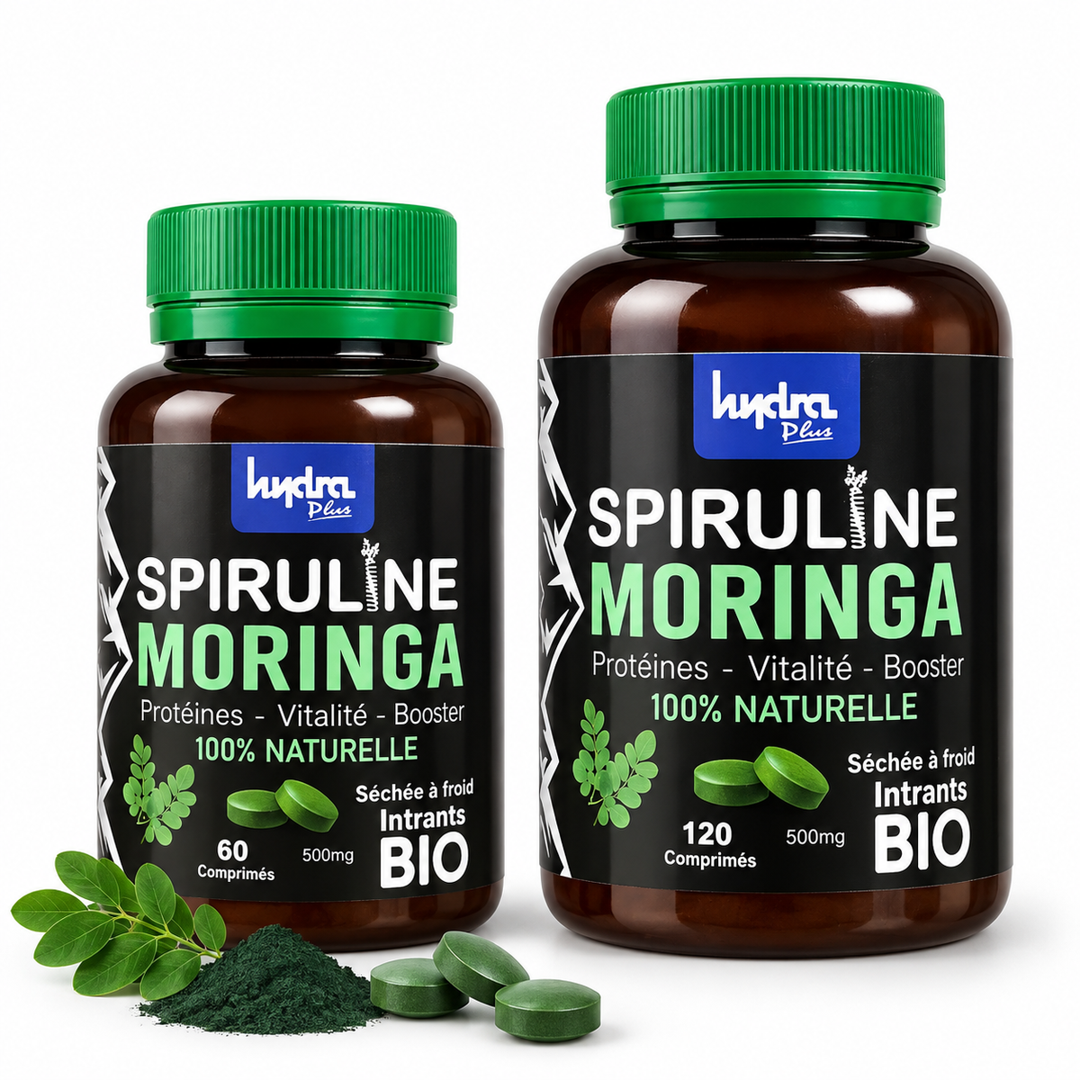 Spiruline Moringa Hydra Plus 500 mg - formats 60 et 120 comprimés