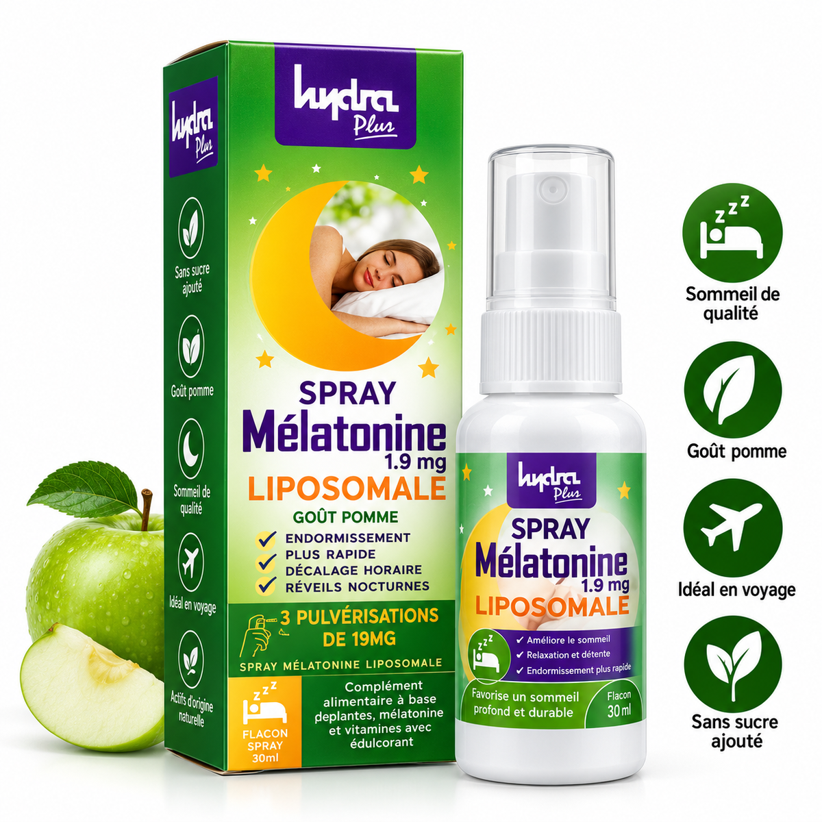 Spray Mélatonine Liposomale Hydra Plus 1,9 mg goût pomme 30 ml