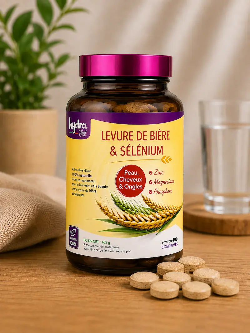 Levure de bière sélénium zinc Hydra Plus 400 comprimés cheveux ongles peau ONSSA Maroc
