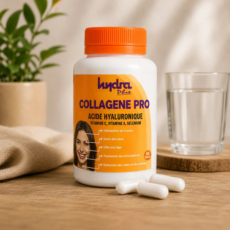 Flacon de Collagène Pro Hydra Plus enrichi en acide hyaluronique et vitamine C, certifié ONSSA Maroc