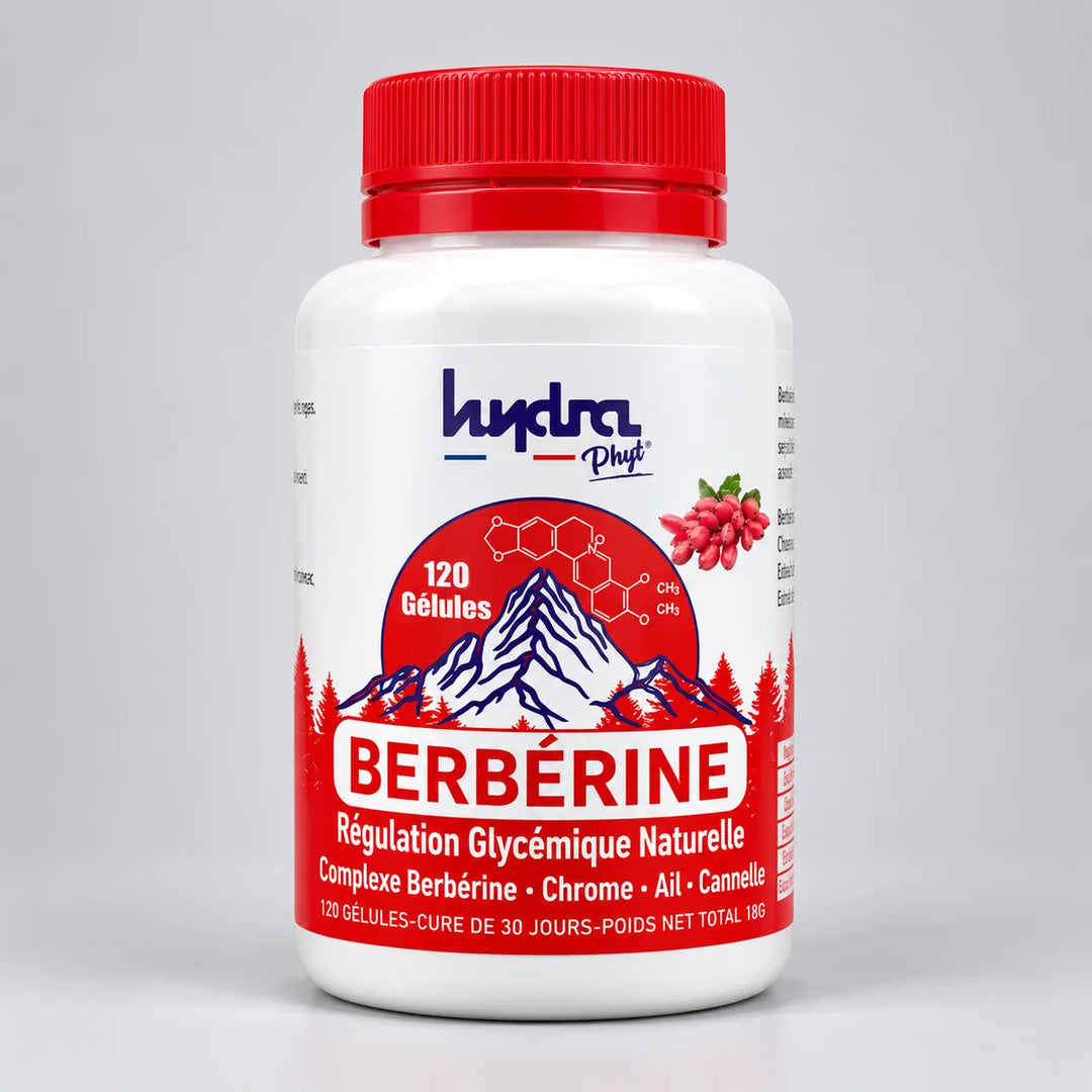 Berbérine 400 mg + Chrome + Ail + Cannelle Hydra Phyt – flacon de 120 gélules sur fond gris clair
