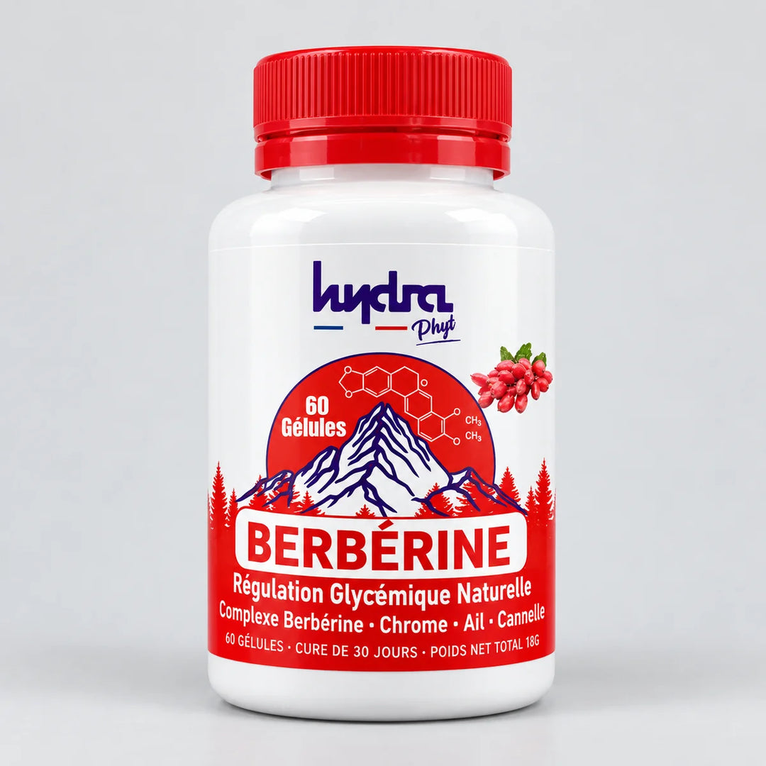 Berbérine 400 mg + Chrome + Ail + Cannelle Hydra Phyt – flacon de 60 gélules sur fond gris clair