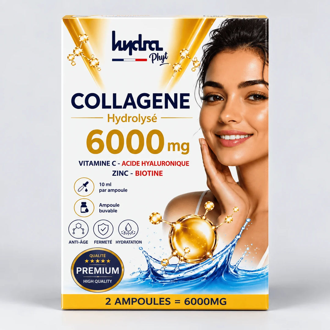 Collagène Marin Hydrolysé Hydra Phyt – boîte d’ampoules, 6000 mg pour 2 ampoules, sur fond studio gris clair