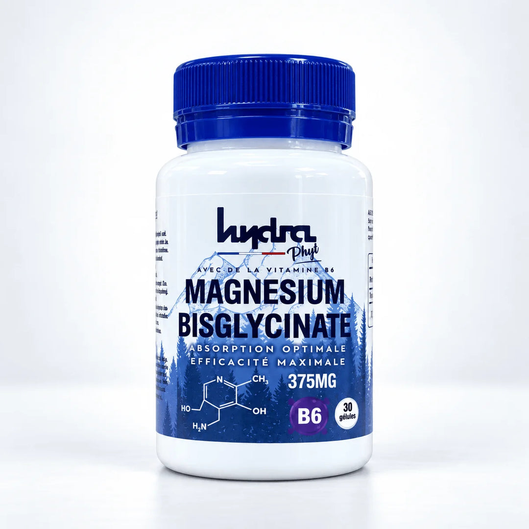 Magnésium Bisglycinate 375 mg et vitamine B6 Hydra Phyt – flacon 30 gélules sur fond studio gris clair
