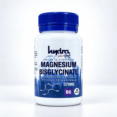 Magnésium Bisglycinate 375 mg et vitamine B6 Hydra Phyt – flacon 30 gélules sur fond studio gris clair