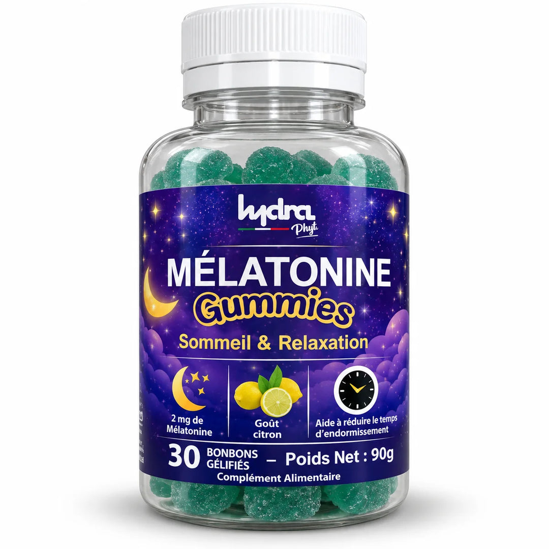 Mélatonine Gummies 2 mg Hydra Phyt – flacon de 30 bonbons gélifiés sur fond studio clair