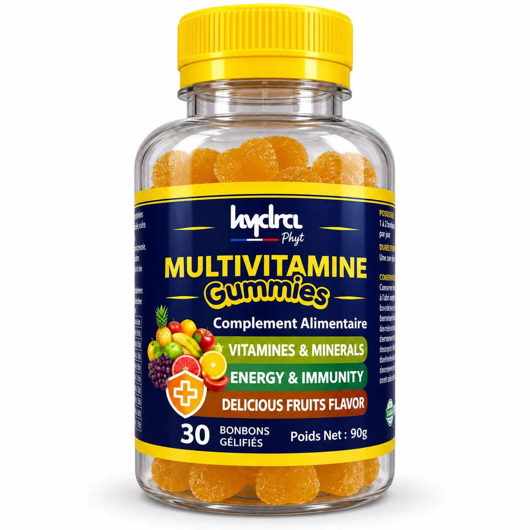 Multivitamine Gummies Hydra Phyt – flacon de 30 bonbons gélifiés orange sur fond studio clair