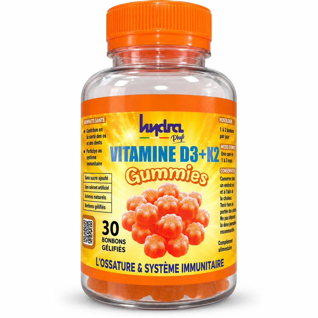 Vitamine D3 + K2 Gummies Hydra Phyt – flacon de 30 bonbons gélifiés sur fond studio clair