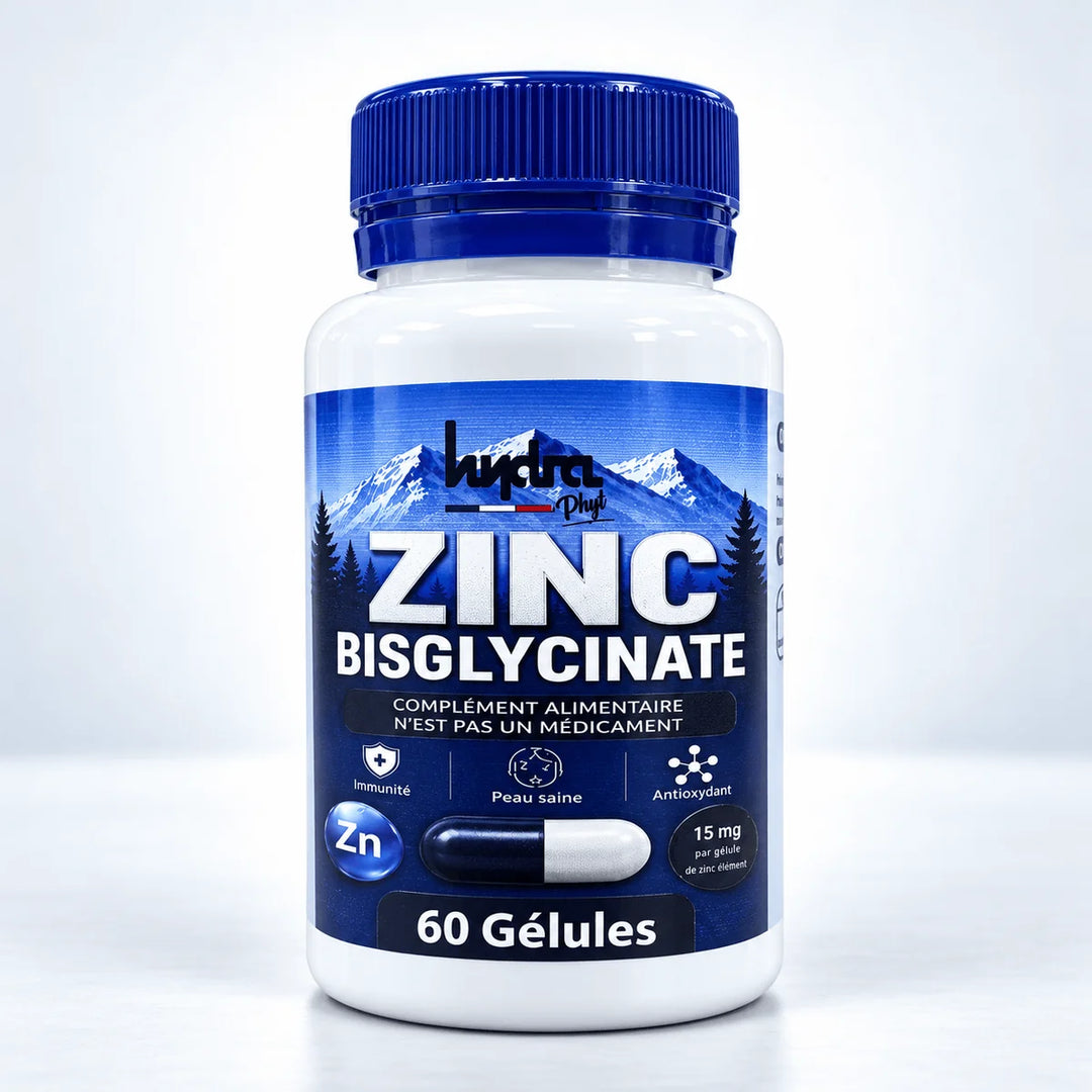 Zinc Bisglycinate 15 mg Hydra Phyt – flacon de 60 gélules sur fond studio gris clair