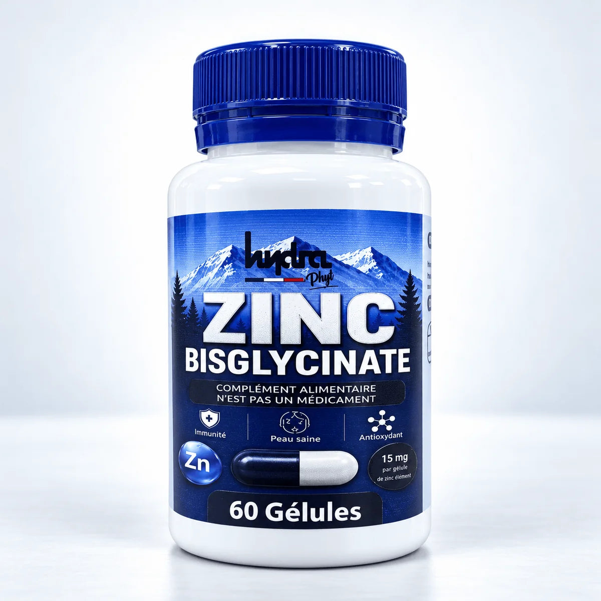Zinc Bisglycinate 15 mg Hydra Phyt – flacon de 60 gélules sur fond studio gris clair