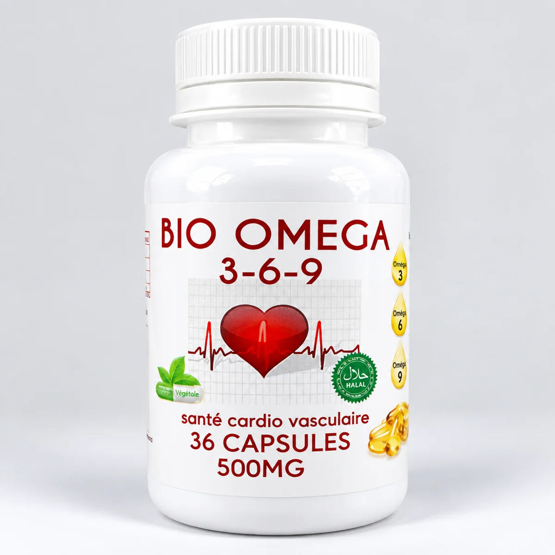Bio Omega 3-6-9 500 mg Hydra Plus – flacon 36 capsules, photo studio sur fond gris clair