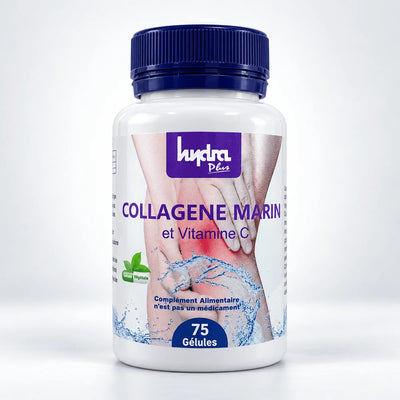Collagène Marin et Vitamine C Hydra Plus – flacon 75 gélules, fond studio gris clair