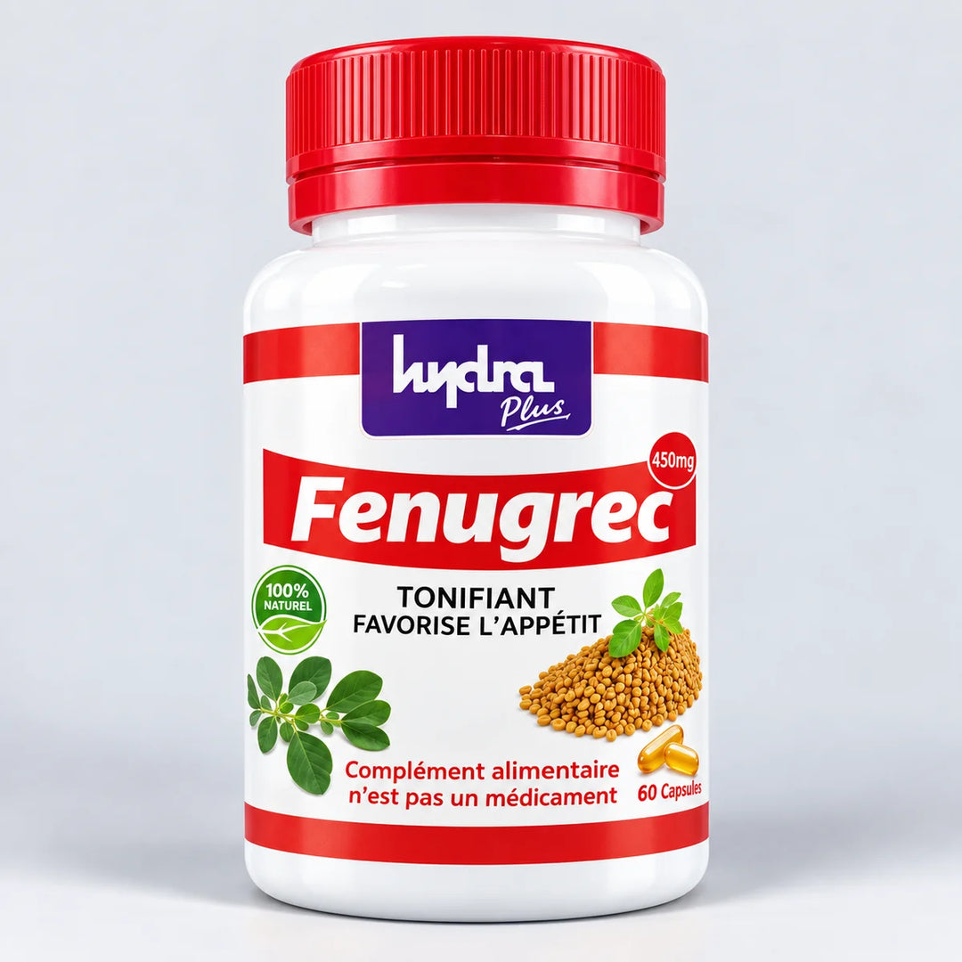 Fenugrec Hydra Plus – flacon de 60 gélules, fond studio gris clair