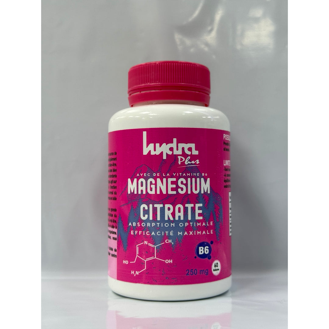 Magnésium Citrate 250 mg + Vitamine B6 Hydra Plus – flacon 60 gélules, photo réelle vue de face