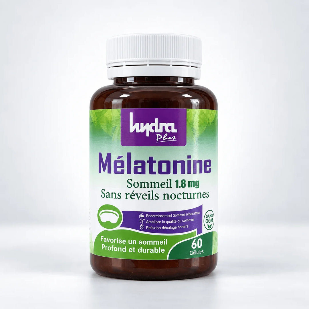 Mélatonine 1,8 mg Hydra Plus – flacon 60 gélules sur fond studio gris clair