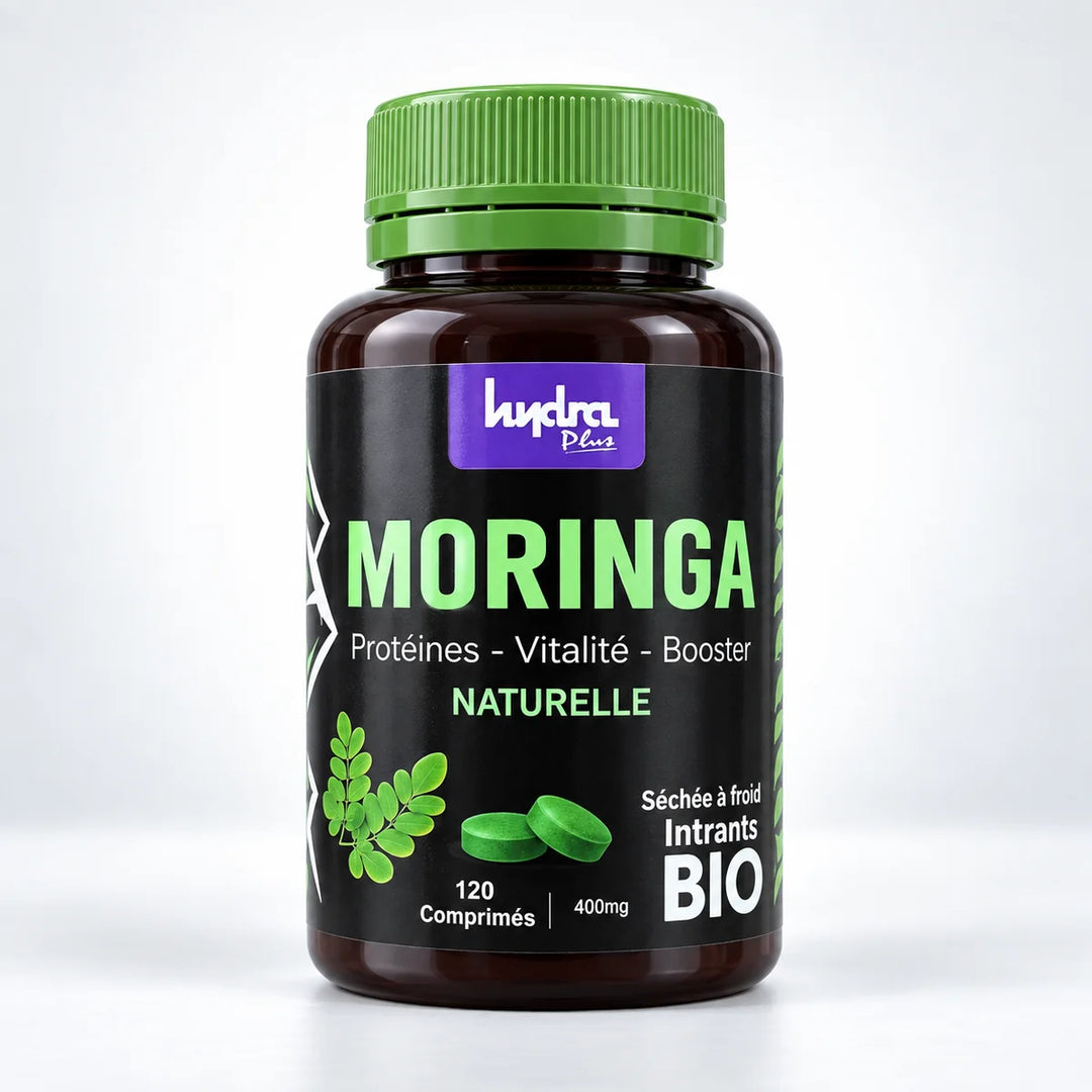 Moringa Hydra Plus 400 mg – flacon de 120 comprimés sur fond studio gris clair