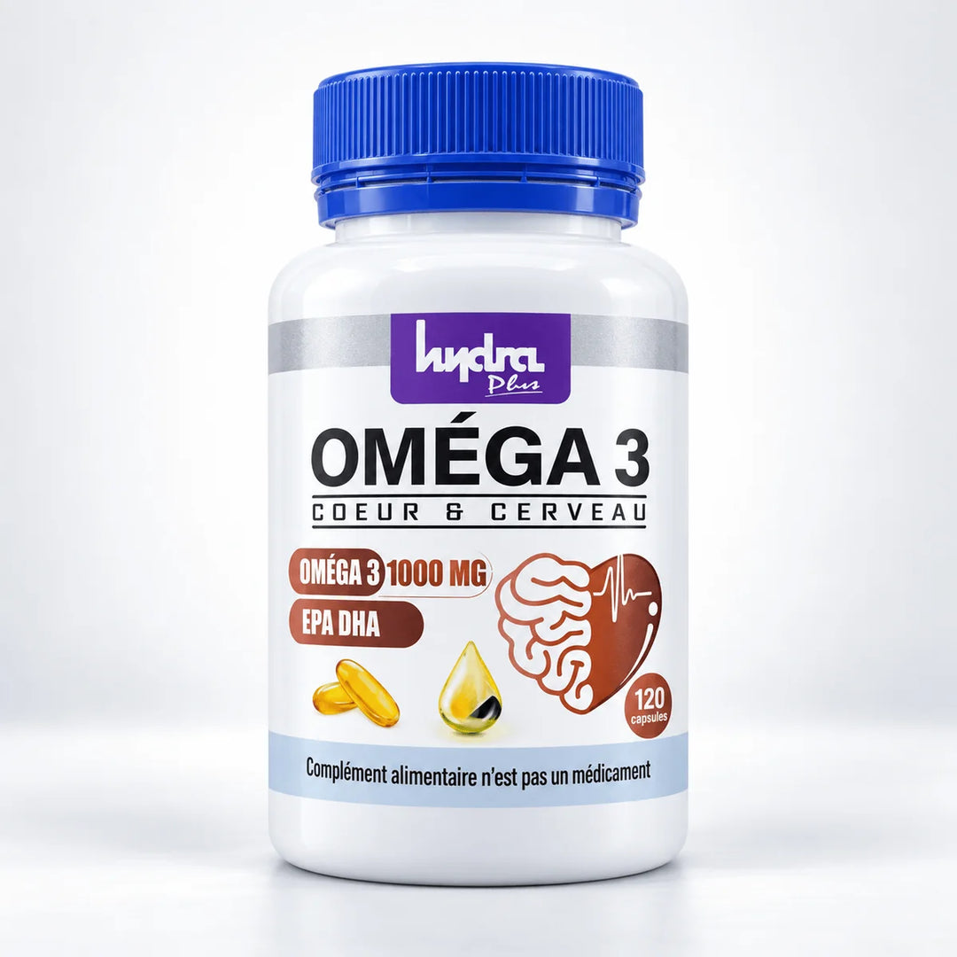 Oméga 3 1000 mg Hydra Plus – flacon 120 capsules sur fond blanc