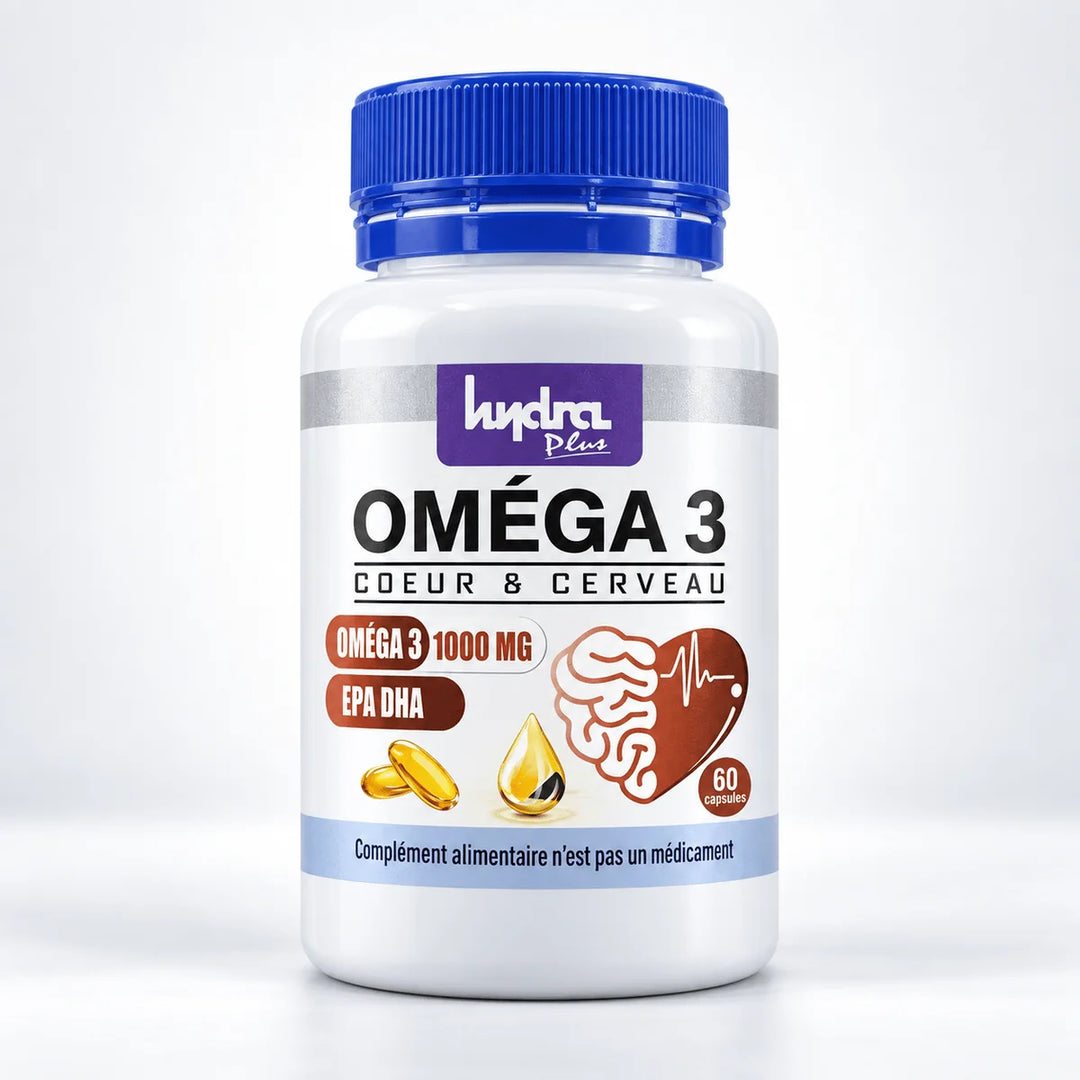 Oméga 3 1000 mg Hydra Plus – flacon 60 capsules sur fond blanc