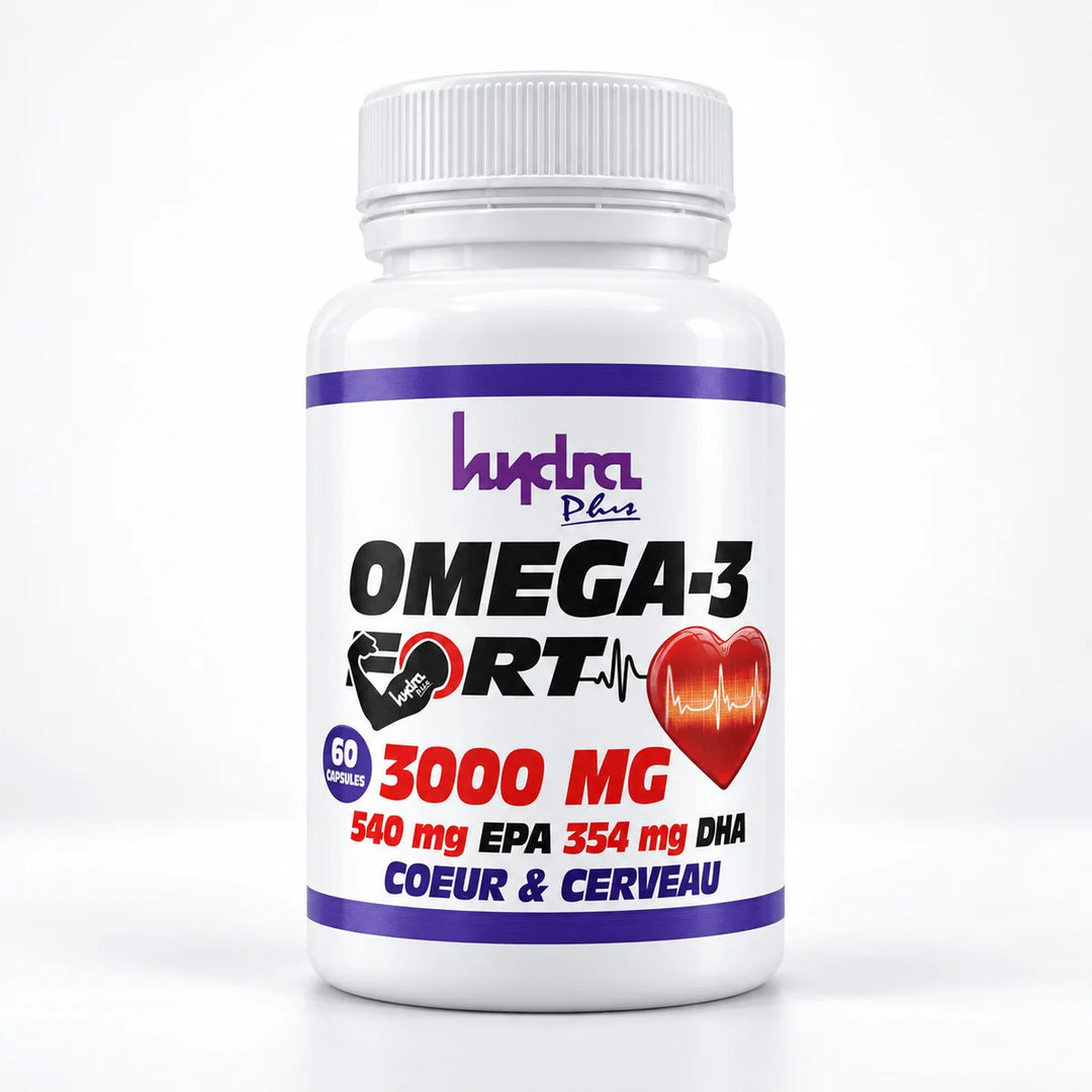 Oméga-3 Fort Hydra Plus 3000 mg – flacon 60 capsules, photo du produit sur fond blanc