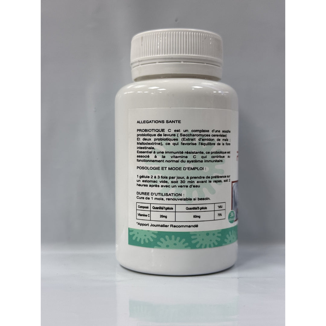 Probiotic + Vitamine C Hydra Plus – flacon 36 gélules, vue latérale avec posologie et informations nutritionnelles