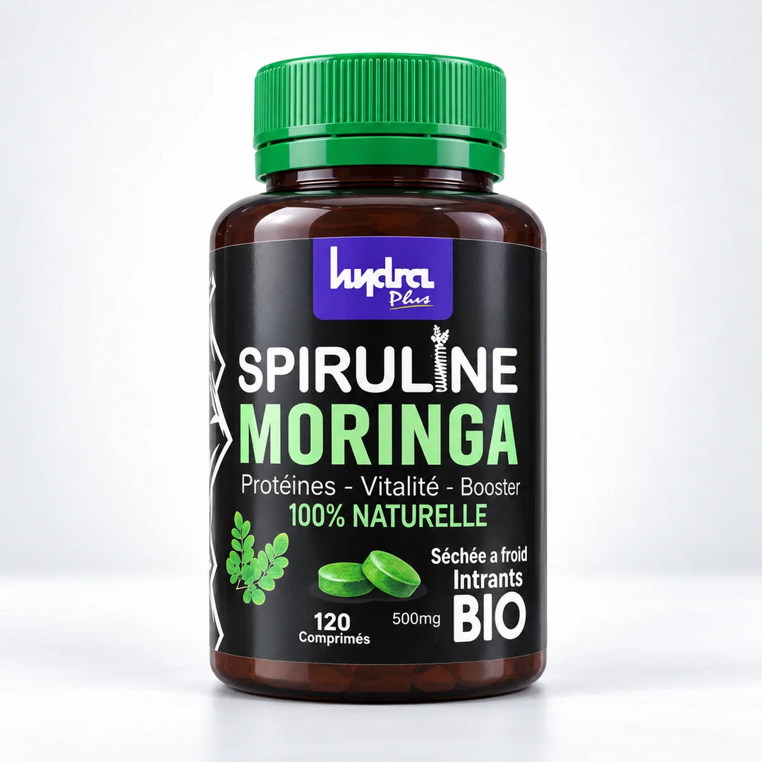 Spiruline Moringa Hydra Plus 500 mg – flacon 120 comprimés sur fond blanc