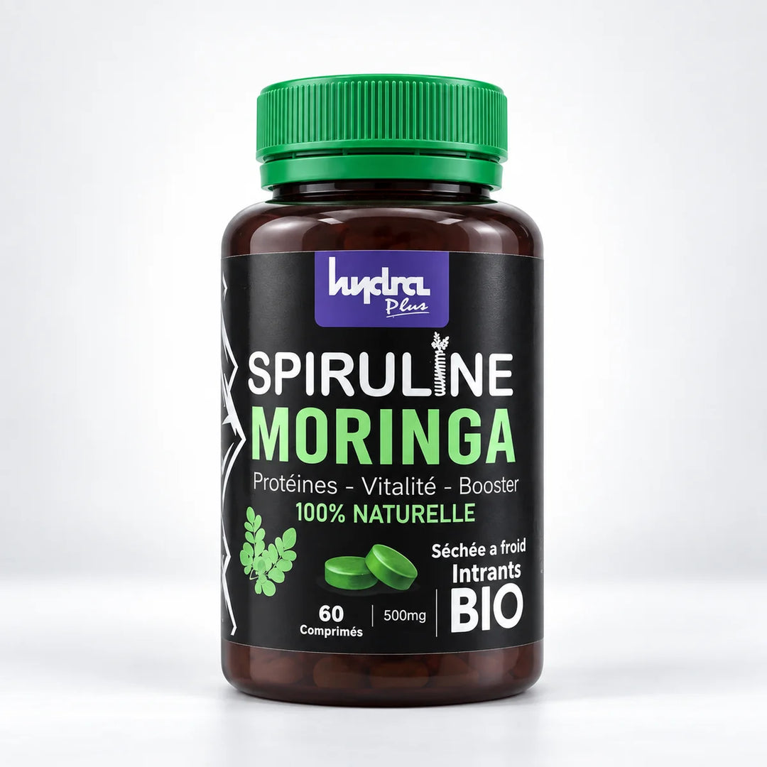 Spiruline Moringa Hydra Plus 500 mg – flacon 60 comprimés sur fond blanc