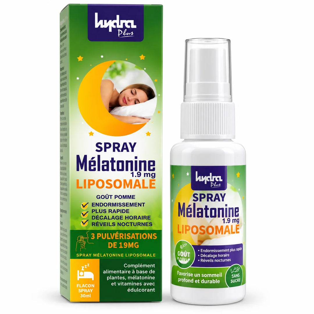 Spray Mélatonine Liposomale Hydra Plus 1,9 mg goût pomme – flacon 30 ml avec boîte sur fond studio clair