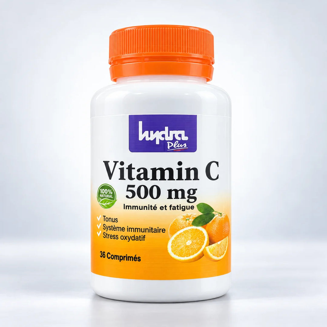 Vitamine C 500 mg Hydra Plus – flacon de 36 comprimés sur fond studio clair