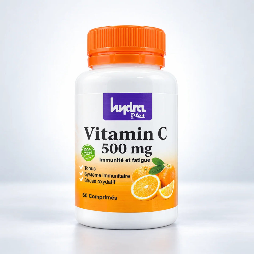 Vitamine C 500 mg Hydra Plus – flacon de 60 comprimés sur fond studio clair