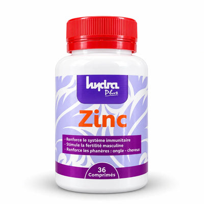 Zinc Hydra Plus 15 mg – flacon de 36 comprimés sur fond studio gris clair