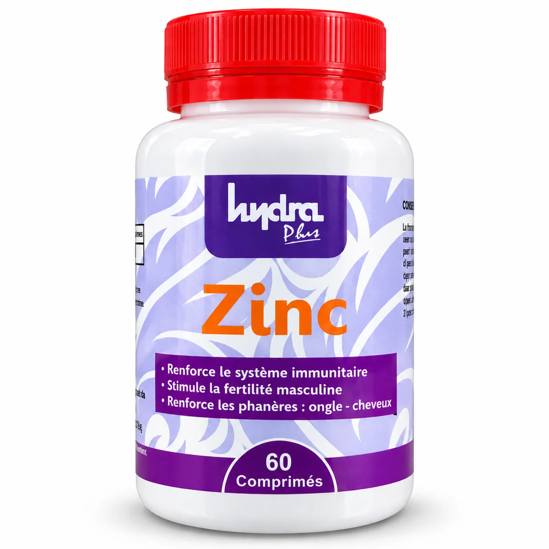 Zinc Hydra Plus 15 mg – flacon de 60 comprimés sur fond studio gris clair